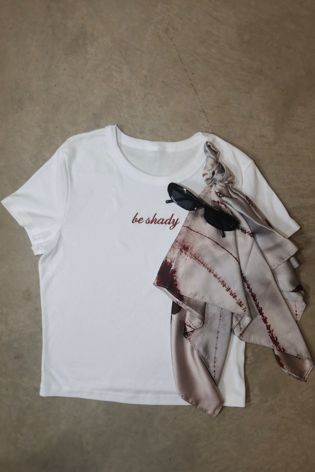 FEMME scarf styled with the be shady baby tee and slim black shades