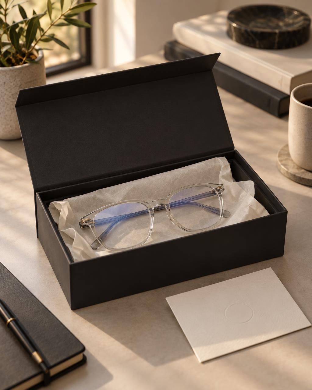 A premium gift box with blue-light glasses on a desk