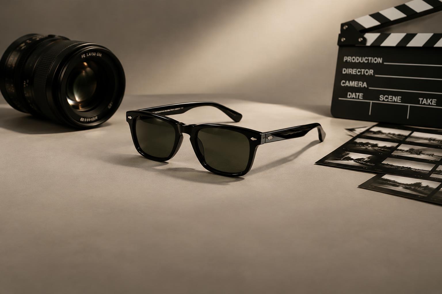 Black sunglasses on a shoot table beside a camera lens and clapperboard