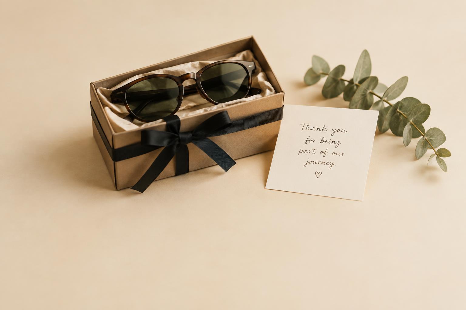 Sunglasses in a kraft gift box with ribbon and a thank-you card