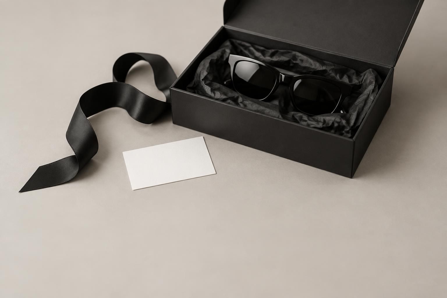 Black sunglasses nested in an open matte black PR box with ribbon