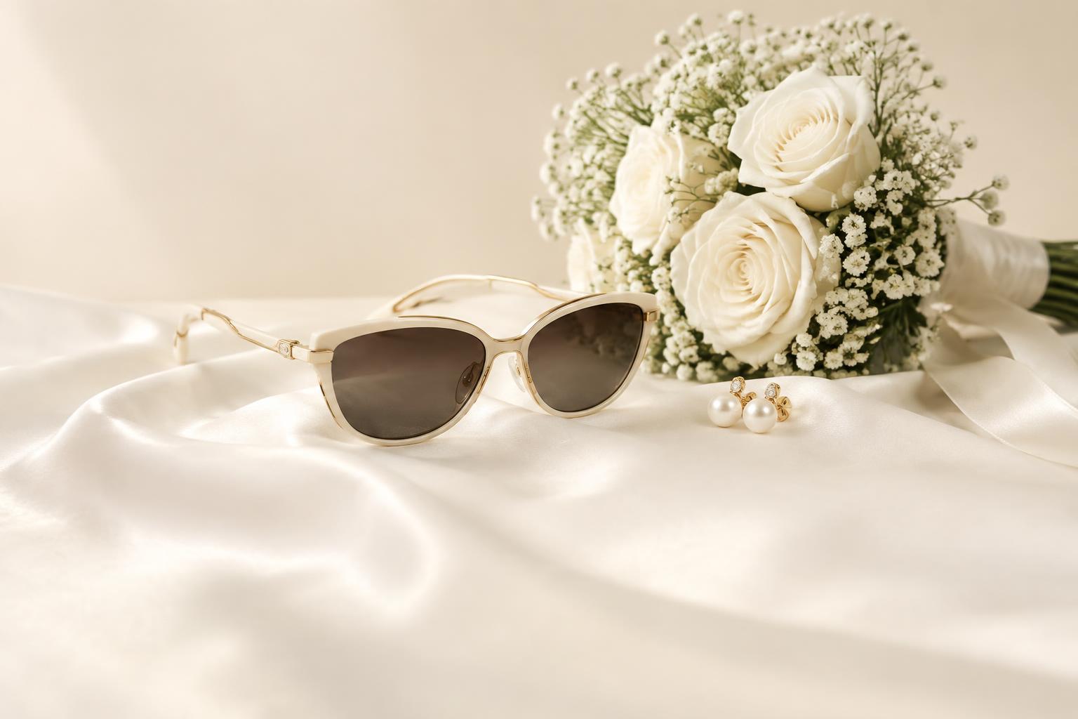 Cream and gold sunglasses on white silk beside a bridal bouquet
